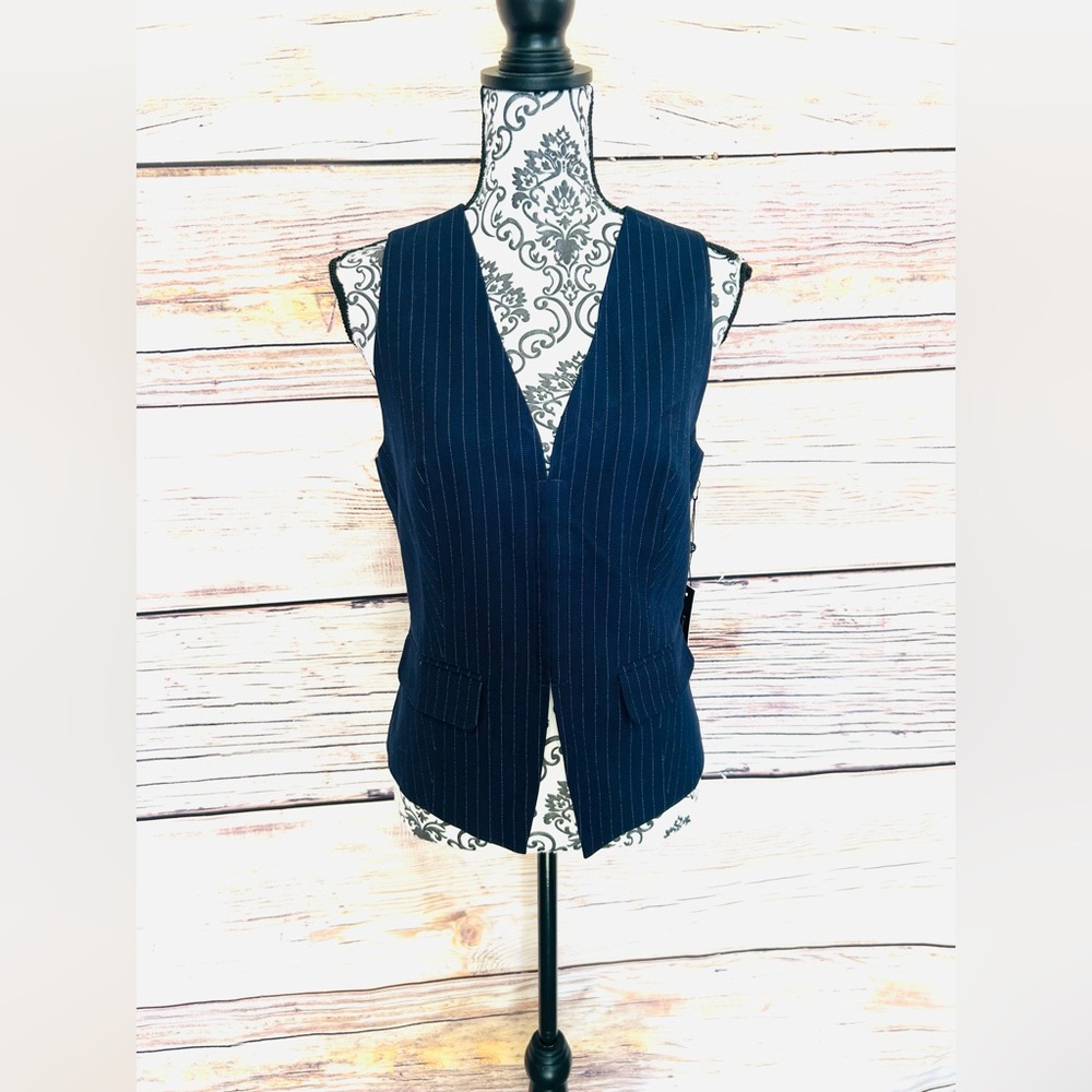 Emerson Lang Navy Blue White Pin Stripe V-Neck Vest Size L NWT